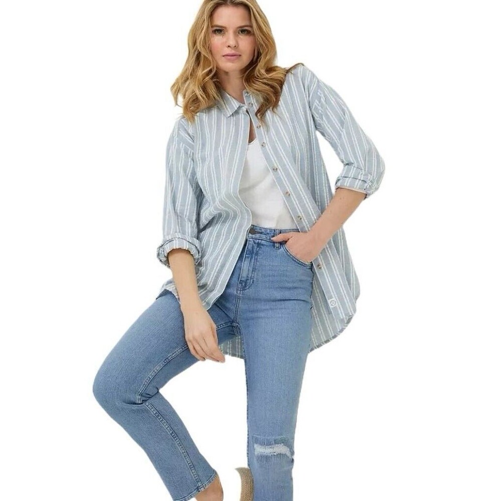 Fat Face Women's 12 Billie Stripe Longline Shirt Blue Summer Tunic Cotton Linen